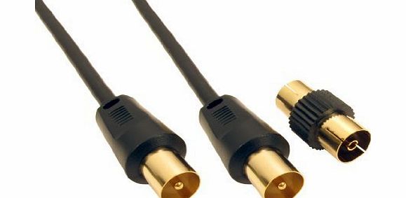 World of Data 1m Coax Cable - 24k Gold Plated - Male to Male (M-M) - FREE Female to Female (F-F) Coupler Included - Black Colour - Antenna - TV - Satellite - Lead - Extension