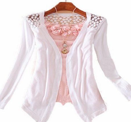 WOW Fashion Women Lace Blouse Tops Crochet Cardigan Sweater Long Sleeve Shirt (White)
