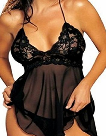 WOW Sexy Womens Halterneck Sheer Lace Nightdress Babydoll Lingerie Sets With G-String (M, Black)