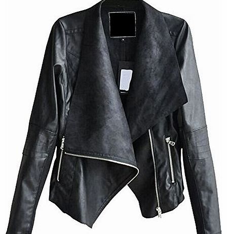 WOW Womens Ladies Slim Black Punk Biker PU Soft Leather Zipper Jacket Coat Outwear (L, Black)