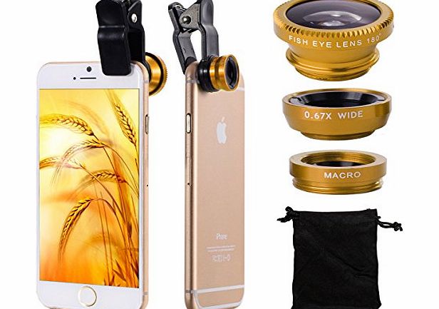 3in1 Fish Eye + Wide Angle Macro Lens Phone Camera Kit Golden for iPhone 3G / 3GS / 4G / 4S / 5 / 5G / 5C / 5S / 6 Samsung Galaxy S2 I9100 SII / S3 I9300 / S4 I9500 / Note 2 N7100 / Note3 N9