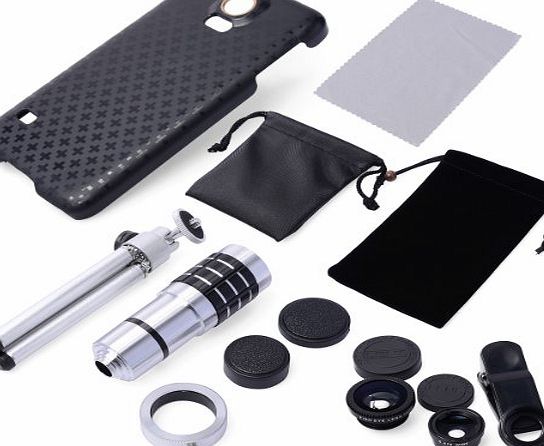 4in1 Lens Telephoto Lens Kit Phone Camera Zoom Lens 12X + Tripod + Case Cover Pouch + Fisheye Lens + Wide Angle + Micro Lens for Samsung Galaxy S5 SV GT-i9600 DC457