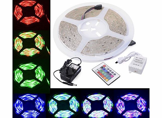 Waterproof 5 Meter RGB Color Changing Mode 3528 Flexible LED Strip Kit 60 LEDs/m with IR Remote 24 Key Controller AC Power Supply Adapter UK Plug for Home Lighting Decoration Lights LD112K (