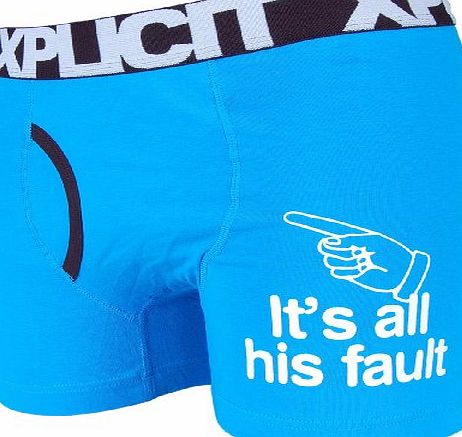 Xplicit Funny His Fault Novelty Boxer Shorts Blue L