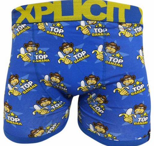 Xplicit Funny Top Banana Mens Novelty Boxer Shorts, In White, Blue or Black (XLarge, Blue)