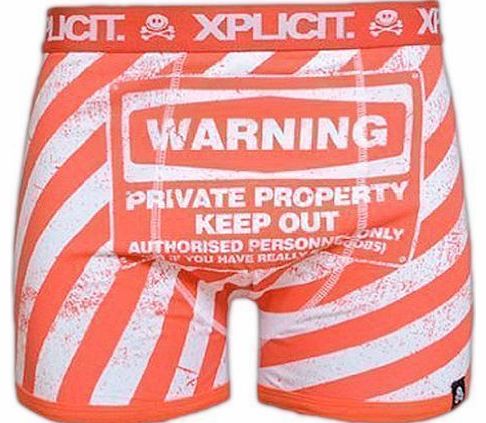Mens Boys Xplicit Designer Novelty Rude Boxer Trunks Shorts Underwear Funny Gift (Warning Private Property Keep Out Authorised Personnel Only Or If You Have Really Big Boobs) (L, Orange)