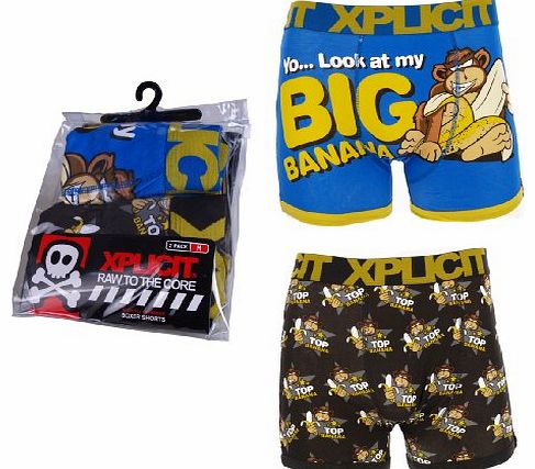 Xplicit Mens Bunch Funny Novelty Twin-Pack Boxer Shorts Azure/Charcoal M