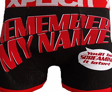 Xplicit Mens Designer Novelty Boxer Shorts Cheeky Funny Xplicit Boxer Trunks (MEDIUM, REMEMBER - BLACK)
