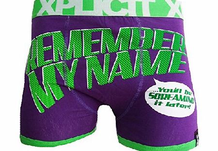 Xplicit Mens Designer Novelty Boxer Shorts Cheeky Funny Xplicit Boxer Trunks (SMALL, REMEMBER - PURPLE)