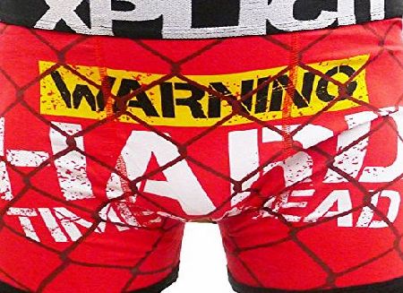 Xplicit Mens Designer Warning Hard Times Novelty Funny Shorts Boxer Trunks (SMALL, RED)