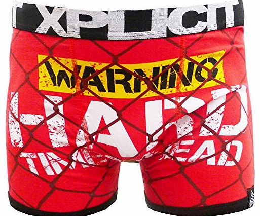 Xplicit Mens Designer Warning Hard Times Novelty Funny Shorts Boxer Trunks (XXL, RED)