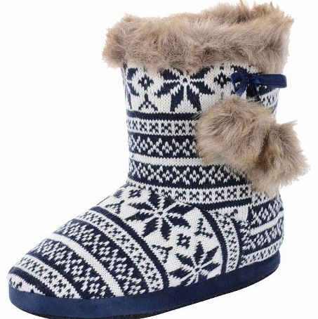 Ladies Navy Blue Knitted Fairisle Bootie Slippers With Faux Fur Pompoms - UK 3