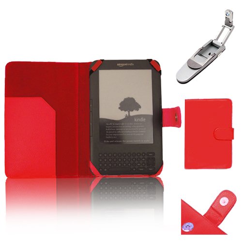 Exclusive PU Leather Book Wallet Style Case for Amazon Kindle 3 (3rd Generation with Keyboard Model) + LED Multi Purpose Reading Clip on Light - RED