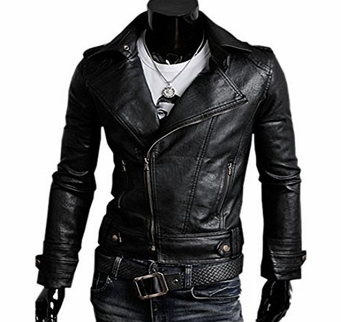 Jacket Coat for Men Black Long Sleeve Zipper Faux Leather Cool Style (S)