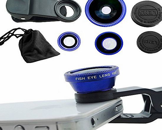 Yarra 3 in1 Mobile Phone Camera Lens Kit Fish Eye Lens   2 in1 Macro Lensamp; Super Wide Angle Lens with Black Universal Phone Clip (Blue)