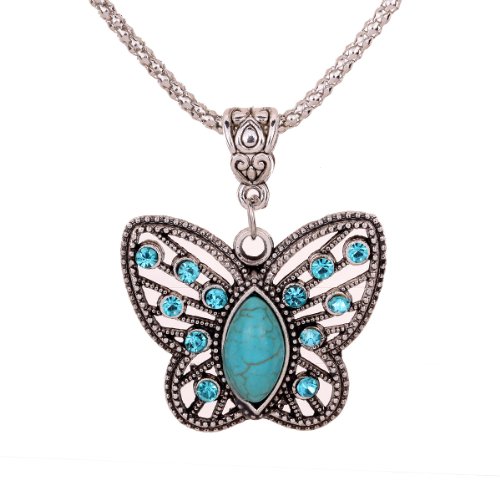 Yazilind Antique Hollow Tibetan Silver Butterfly Crystal Turquoise Pendant Chain Necklace