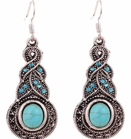 Charming Ethnic Tibetan Silver Oval Rimous Turquoise Crystal Drop Dangle Earrings