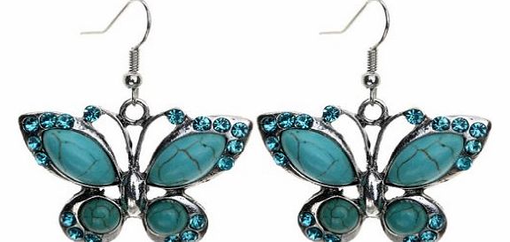 Cute Butterfly Rhinestone Fine Crystal Tibetan Silver Turquoise Drop Dangle Earrings