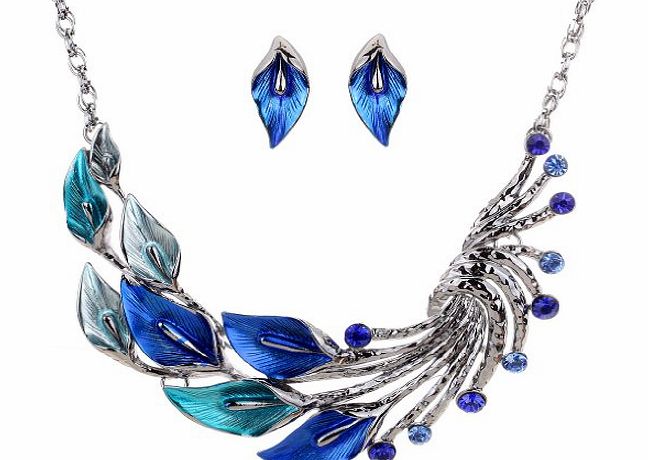 Yazilind Ethnic Style Tibetan Silver Blue Peacock Crystal Chunky Bib Earrings Necklace Set Wedding Party