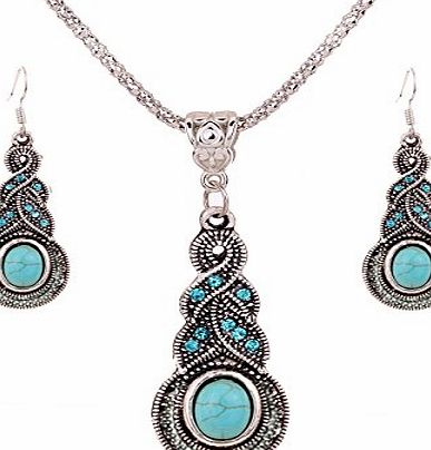 YAZILIND  Jewellery Tibetan Silver Inlay Oval Turquoise Charming Crystal Necklace Earrings Set for Women