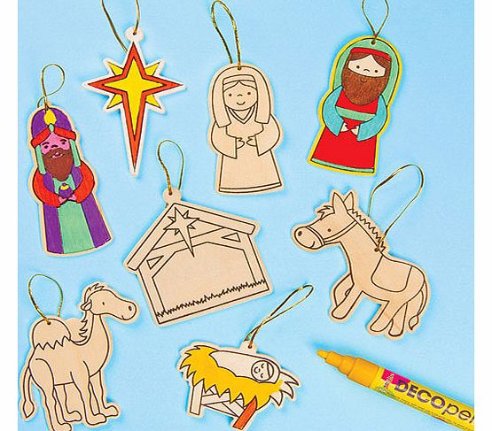 Yellow Moon Nativity Wooden Hanging Decorations - Pack of 12