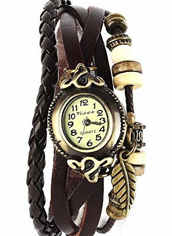 Yesurprise Quartz Watch With Vintage Leaf Pendant Bracelet Knitted Leather Classic Bronze dial 6 colors-dark br
