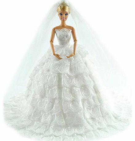 Yiding White Gorgeous Wedding Dress Princess Gown Clothes  Veil For Barbie Doll