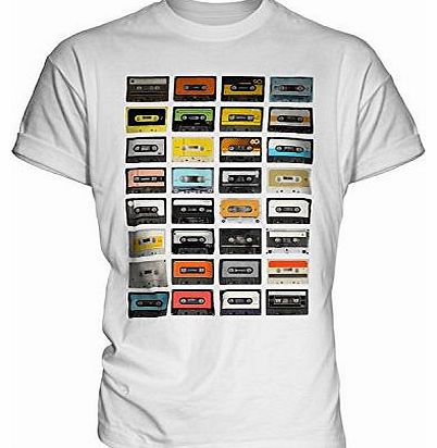 Retro Cassette Tapes Mens Fashion Print T-Shirt Top, Size 3X-Large, Colour Mint White