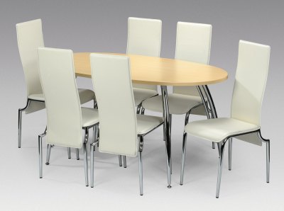 Sophie Faux Leather, Beech and Chrome Dining Set By Julian Bowen