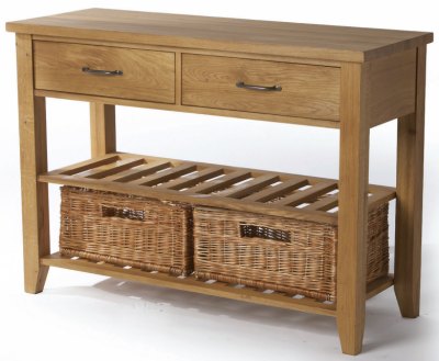 Wealden Oak Console Table with Double Baskets and Wine Rack