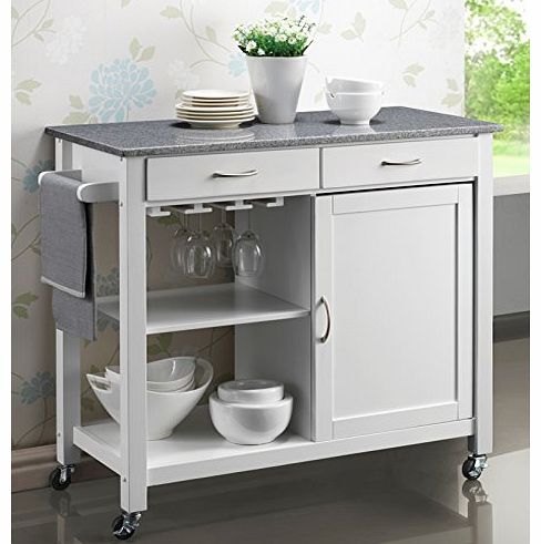 Your Price Furniture Harrogate White Painted Hevea Hardwood Kitchen Trolley Island With Grey Granite Top Large Island Cart 105cms