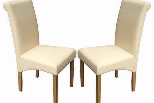 Set of 2 Cream Faux Leather Scroll Top Dining Chairs With Padded Seat & Oak Finish Legs