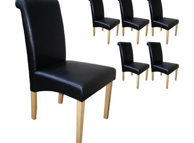 Your Price Furniture Set of 6 Faux Leather Roma Scroll Top Dining Chairs Black With Padded Seat amp; Oak Finish Legs