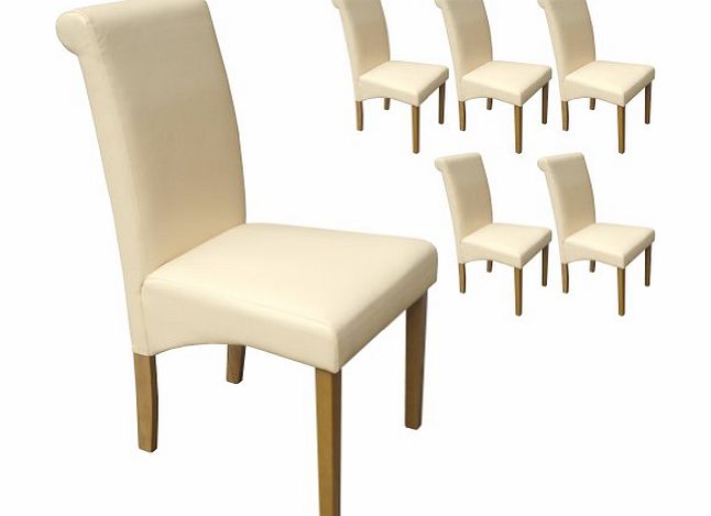 Your Price Furniture Set of 6 Faux Leather Scroll Top Roma Dining Chairs Cream With Padded Seat amp; Oak Finish Legs