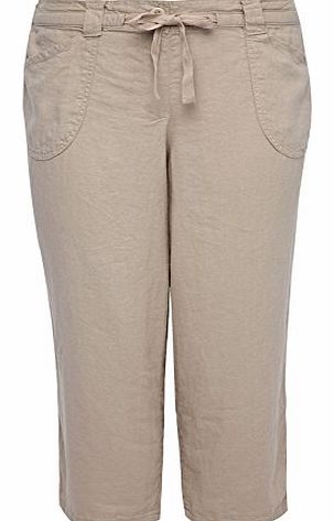Yours Clothing Plus Size Womens Stone Linen Mix Pull-on Cropped Trousers With Waist Tie Size 26 Cream