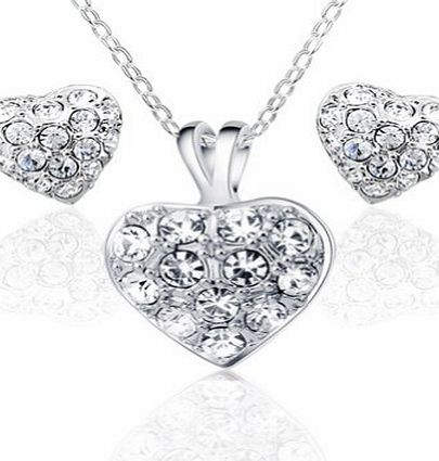 Yoursfs Cute Shining Hearts Crystal Box Charms 18k White Gold Plated Stud Earrings and Necklace Set