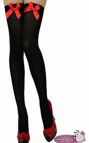Yummy Bee Sexy Black Stockings Opaque Thigh Highs Red Bow Fancy Dress Hold Ups