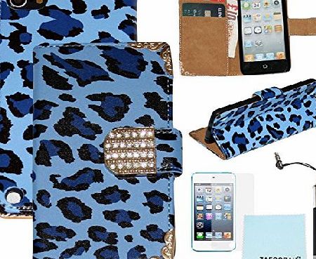 PU Leather Case Cover for Apple iPod Touch 5 5th Generation +Free Stylus+Screen Protector+Microfiber Cloth (Genuine Leather Leopard design - BLUE)