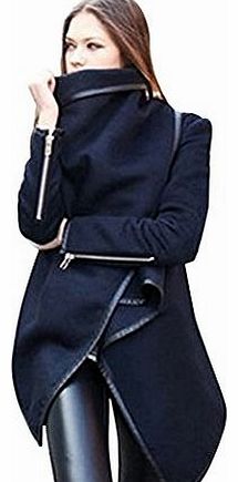 Fashion Ladies Winter Warm Woolen Zipper PU Edge Leather Trench Coat Slim Jacket Outwear