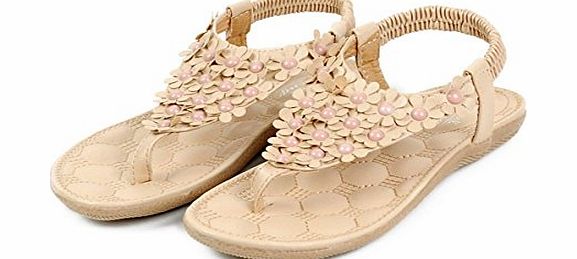 Zeagoo Women Flower Beading T-strap Flip-flop Shoes Flats Sandals