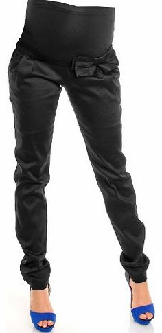 Pregnancy Maternity Silky Skinny Trousers Pants Bump Panel w/ Bow 035 (UK 12, Black)