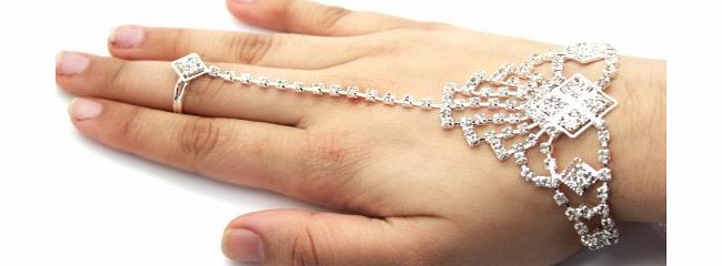 Zewar Womens, Girls Diamante Rhinestone Bracelet With Ring Indian Bridal Jewellery SILVER Plated