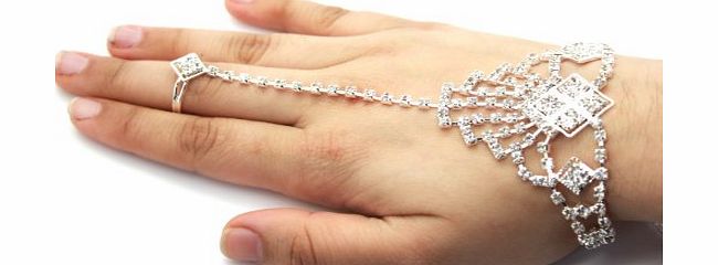 Zewar Womens, Girls Diamante Rhinestone Bracelet With Ring Indian Bridal Jewellery SILVER Plated