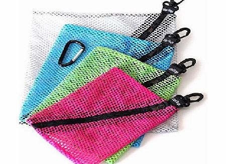 Storage Mesh Organizer Bags for Travel & On-The-Go, Set of Four in 4 Sizes and Assorted Colors With Clips And Carabiner Clip. These Small Zippered Nylon Organiser Pouches Are Perfect for