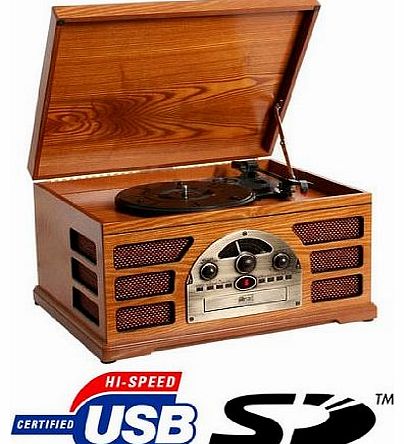 Zyon Wooden Retro Turntable 3 Speed Record Player AM/FM Radio CD, w/ USB & SD Interface for MP3 Playb