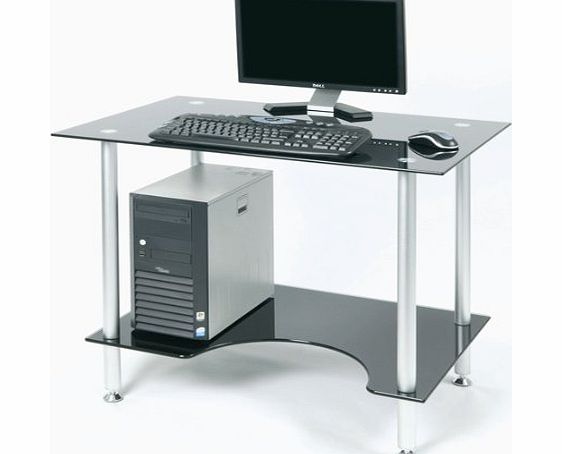 Zyon ZB500 Contemporary Black Glass amp; Aluminum Computer Office PC Workstation Desk w/ Ergonomic Lower Shelf