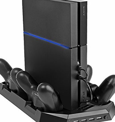 Pojazia PS4 Playstation 4 Console Vertical Stand Dual Cooler Fans   FREE Four Charger Ports Charging Station for Four PS4 DS4 Controllers - Best Cooling and Charging System DualShock 4